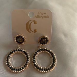 NWT Charming Charlie Gold plated  black stones hoop earrings